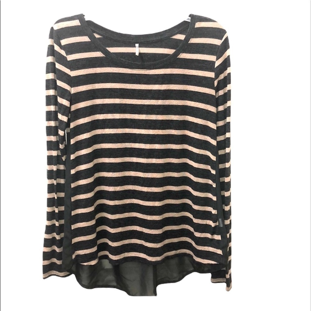 2/$15 Tresics - Gray Cream Striped Long Sleeve Top Sheer Back | Small